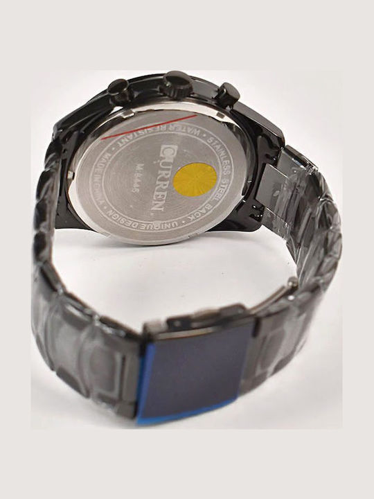 Curren Ανδρικό Ρολόι 44mm Χρονογράφος Μπαταρίας με Μαύρο Μεταλλικό Μπρασελέ