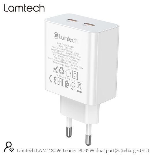 Lamtech Φορτιστής Χωρίς Καλώδιο με 2 Θύρες USB-C 35W Quick Charge 3.0 / Power Delivery Λευκός (LAM113096)