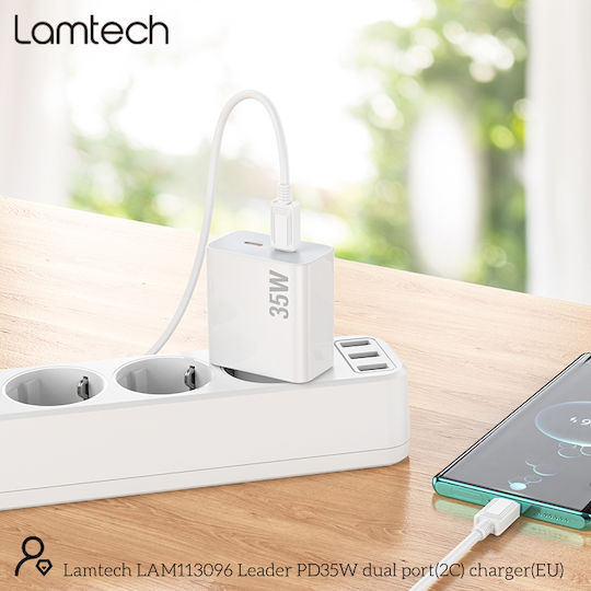 Lamtech Φορτιστής Χωρίς Καλώδιο με 2 Θύρες USB-C 35W Quick Charge 3.0 / Power Delivery Λευκός (LAM113096)