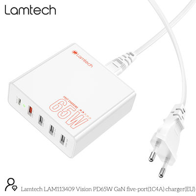 Lamtech Зарядно GaN (Галуниев нитрид) с 4 USB-A порта и USB-C порт 65W Доставка на енергия Бял (LAM113409)