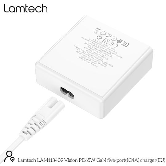 Lamtech Βάση Φόρτισης GaN με 4 Θύρες USB-A και Θύρα USB-C 65W Power Delivery σε Λευκό χρώμα (LAM113409)