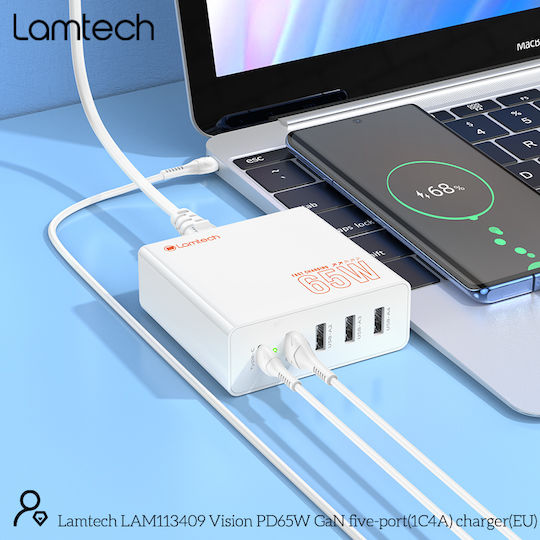 Lamtech Βάση Φόρτισης GaN με 4 Θύρες USB-A και Θύρα USB-C 65W Power Delivery σε Λευκό χρώμα (LAM113409)