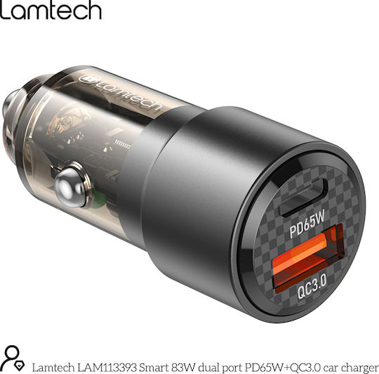 Lamtech Φορτιστής Αυτοκινήτου 83W με Θύρες: 1xUSB 1xType-C Μαύρος
