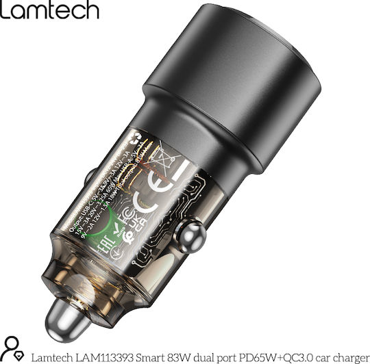 Lamtech Φορτιστής Αυτοκινήτου 83W με Θύρες: 1xUSB 1xType-C Μαύρος