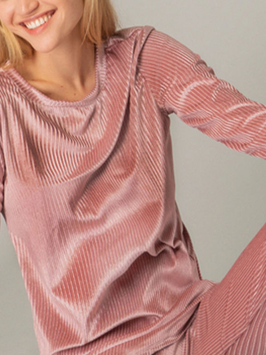 Milena by Paris Winter Damen Pyjama-Set Samt Rosa