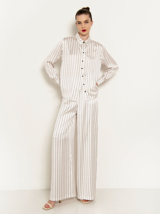 Toi&Moi Women's Satin Striped Long Sleeve Shirt Beige