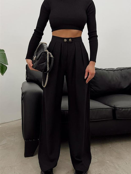 Reyon Women's High Waist Linen Trousers in Loose Fit Black