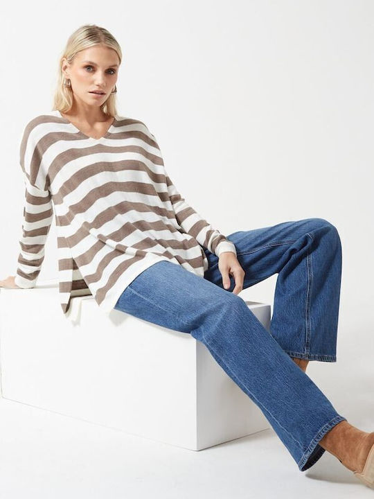 Only Women's Blouse Long Sleeve with V Neckline Striped Beige