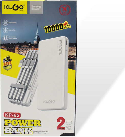 KLGO KP-65 Power Bank 10000mAh 37W με Θύρα USB-A Μαύρο