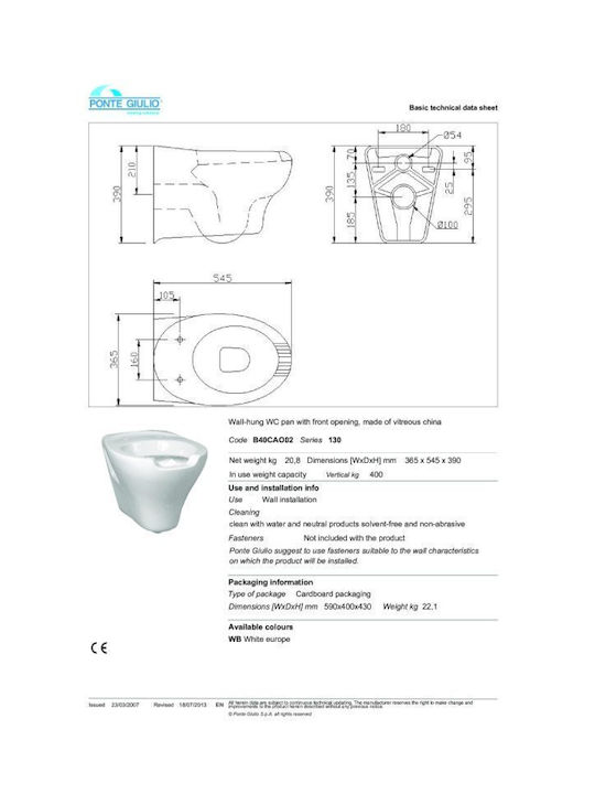 Ponte Giulio 130 Series Монтирана на стена тоалетна Бяла