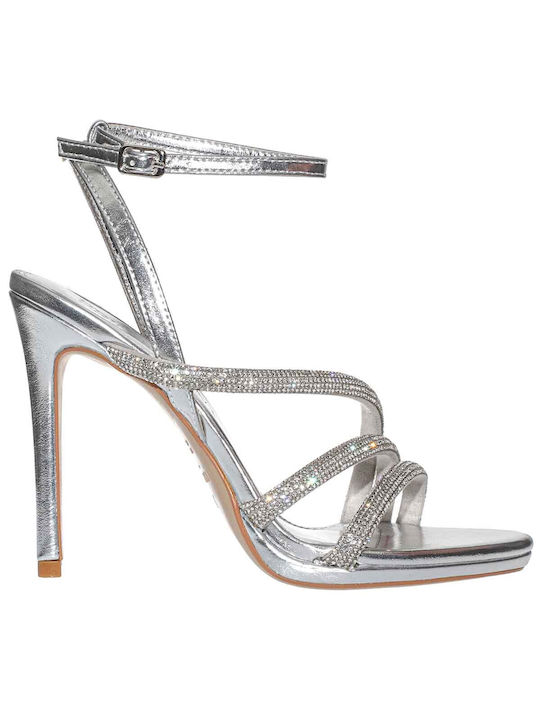 Primadonna Women's Sandals with Strass Silver with Thin High Heel