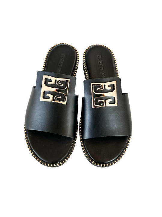 Gkavogiannis Sandals Leder Damen Flache Sandalen in Schwarz Farbe