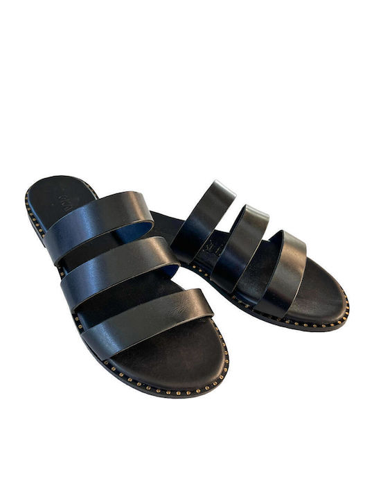 Leather Women's Flat Sandals in Black Color