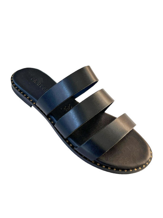 Leather Women's Flat Sandals in Black Color