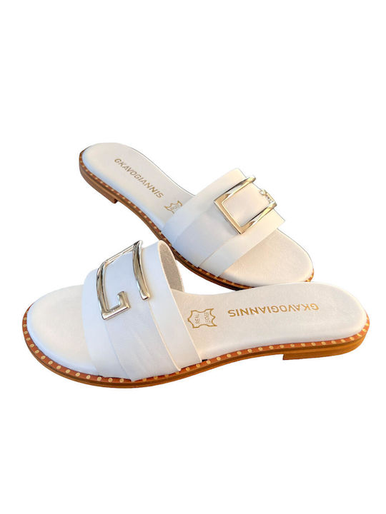 Gkavogiannis Sandals Leather Women's Flat Sandals in White Color