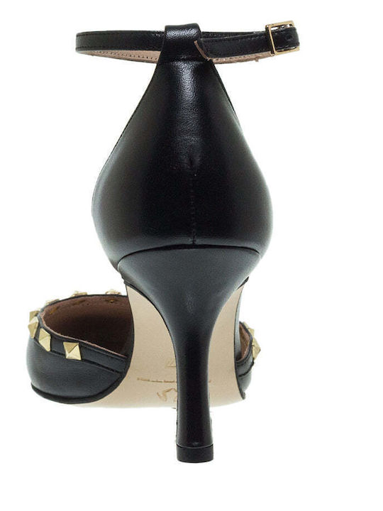 Mourtzi Leather Black Medium Heels with Strap