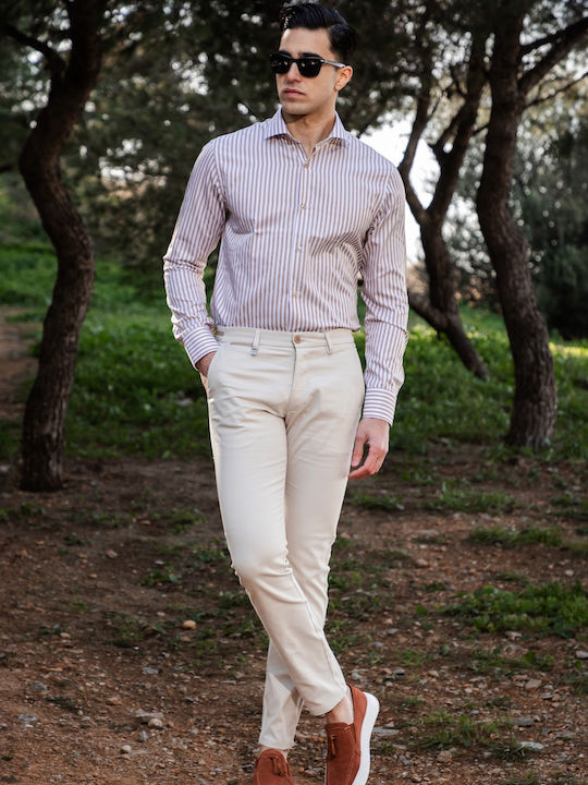 Long-sleeved Cotton Shirt Striped Beige