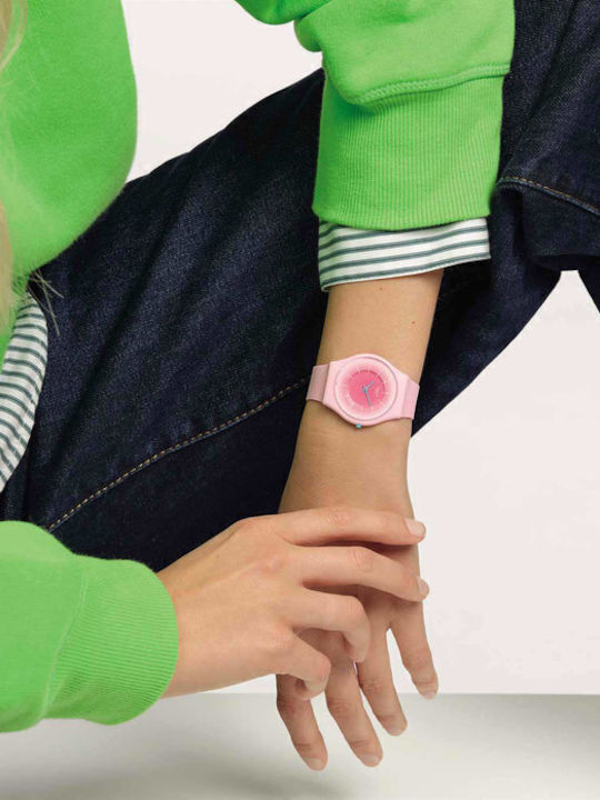 Swatch Radiantly Γυναικείο Ρολόι Μπαταρίας με Ροζ Καουτσούκ Λουράκι