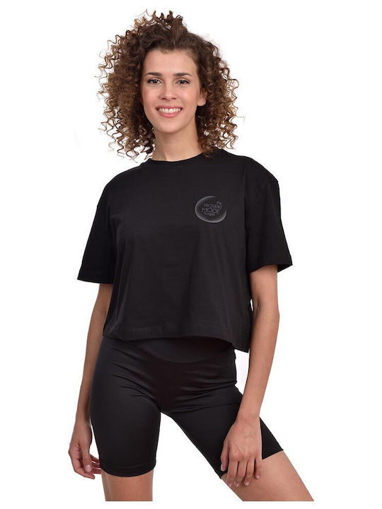 Damen Sport Crop Top Kurzarm Schwarz
