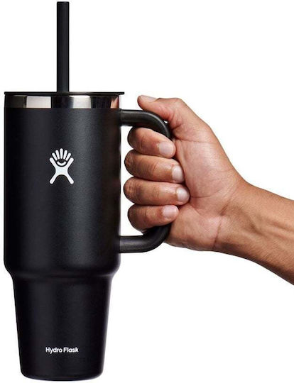 Hydro Flask Travel Tumbler Handled Tumbler Thermos Stainless Steel BPA Free 1.18lt Black with Straw and Handle