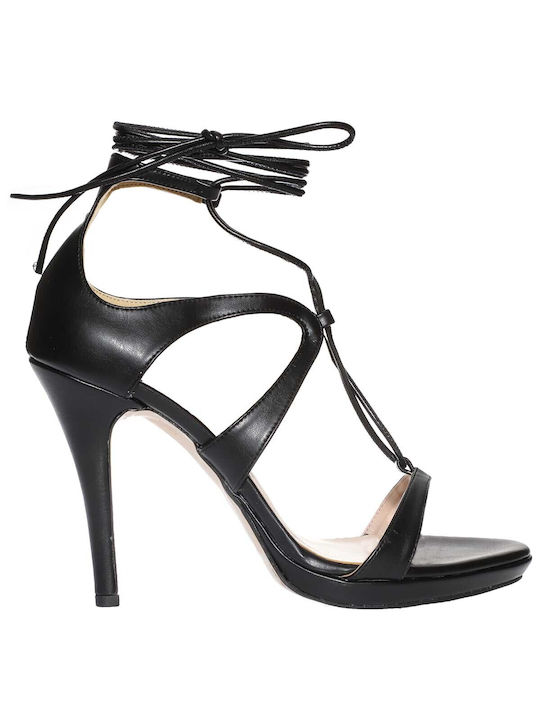 Malena Leather Women's Sandals Black with Thin High Heel