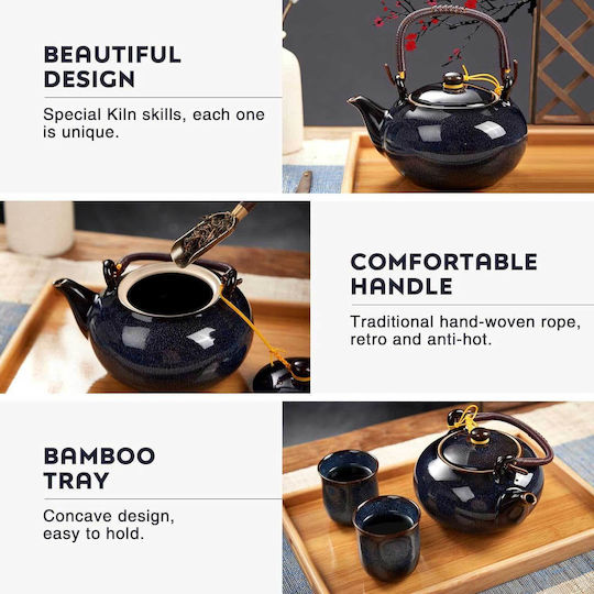 Dujust Tea Set with Cup Porcelain Blue 700ml 8pcs