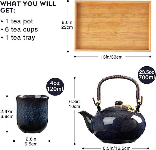 Dujust Tea Set with Cup Porcelain Blue 700ml 8pcs