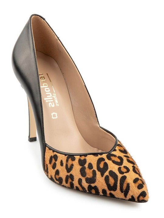 FM Leather Pointed Toe Black Heels Animal Print