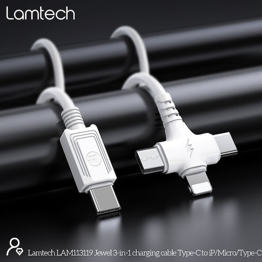 Lamtech Редовна USB към Lightning / Type-C / micro USB Кабел 2Спецификация Бял 3м (LAM113119)