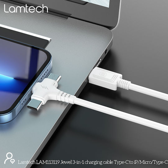 Lamtech Редовна USB към Lightning / Type-C / micro USB Кабел 2Спецификация Бял 3м (LAM113119)