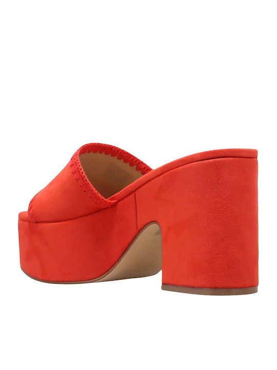 Suede Mules με Χοντρό Ψηλό Τακούνι σε Κόκκινο Χρώμα