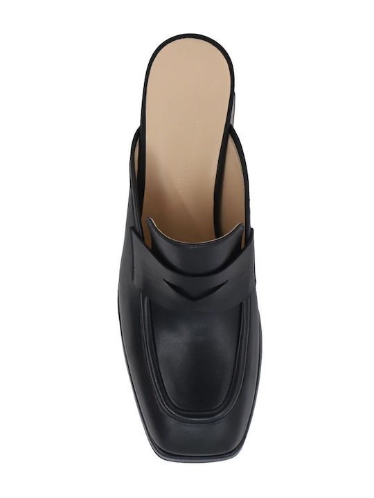 Leather Mules with Chunky High Heel in Black Color
