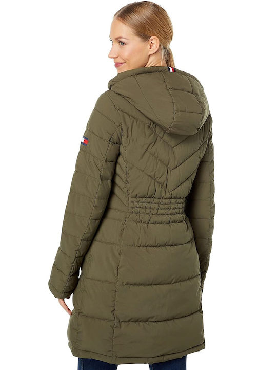 Tommy Hilfiger Women's Short Puffer Jacket for Winter with Hood Khaki