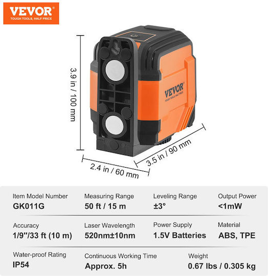 Vevor Αυτορυθμιζόμενο Γραμμικό Αλφάδι Laser Πράσινης Δέσμης 1.5V με Εύρος Εργασίας 15m