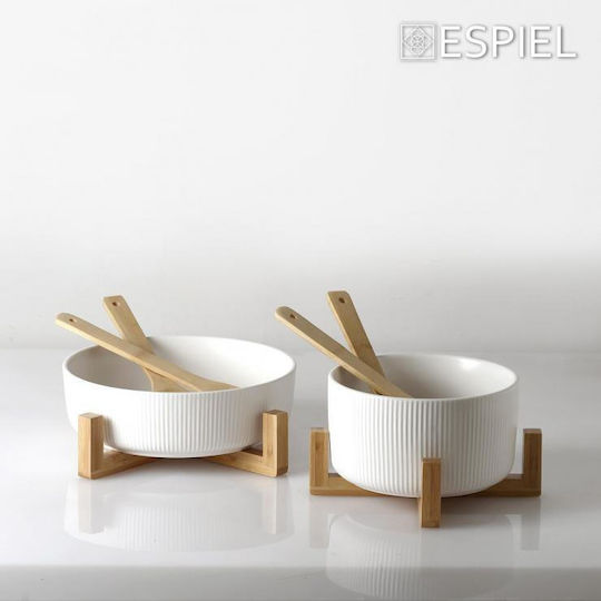 Espiel Ceramic Salad Bowl with Salad Spoons White 20x20x10cm