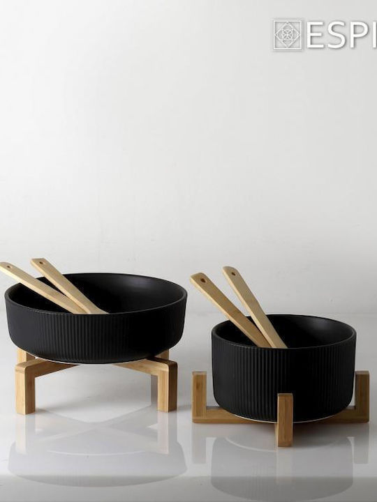 Espiel Ceramic Salad Bowl with Salad Spoons Black 20x20x10cm