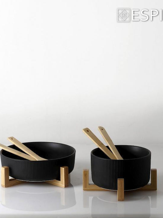 Espiel Ceramic Salad Bowl with Salad Spoons Black 20x20x10cm