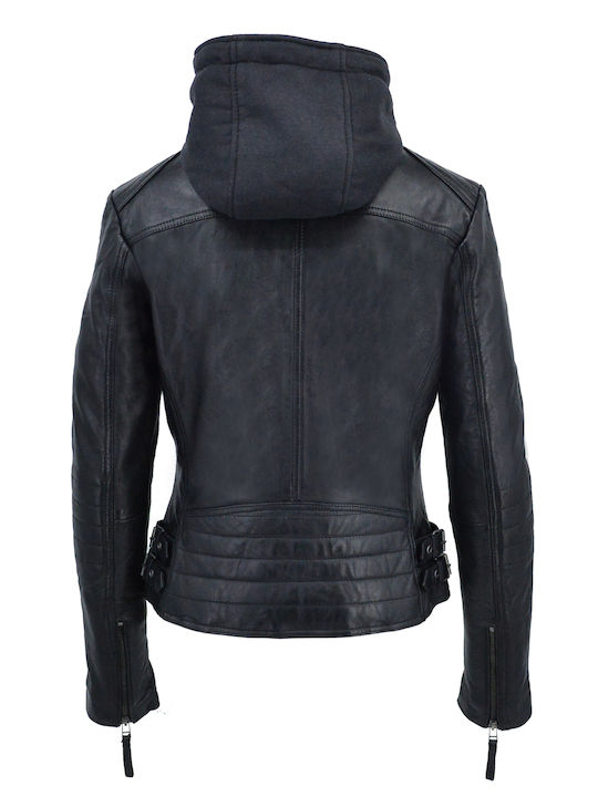 Δερμάτινα 100 Women's Short Lifestyle Leather Jacket for Winter with Detachable Hood Black (BLACK)