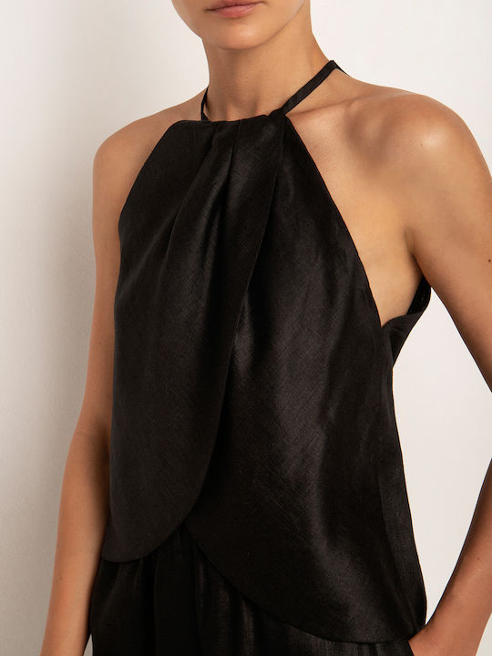 Greek Archaic Kori Women's Summer Blouse Linen Sleeveless Polka Dot Black