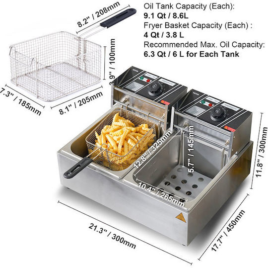 Vevor Electric Fryer Double 5kW Capacity 2x8.6lt