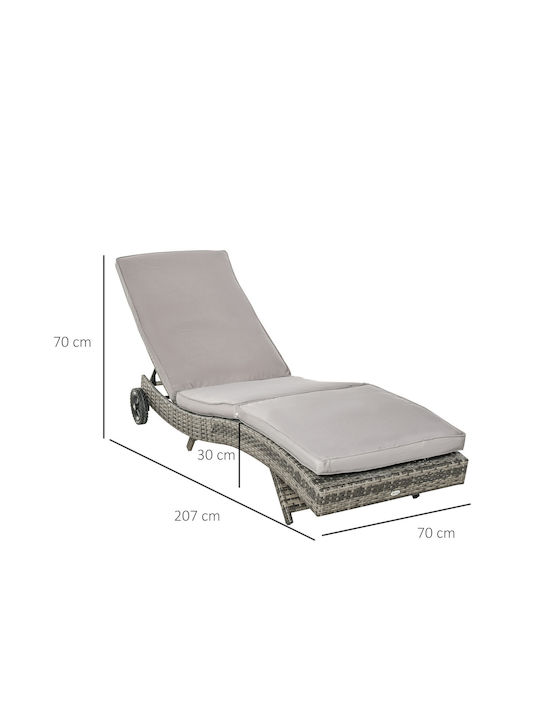 Deckchair Rattan with Cushion & Wheels Gray 207x70x70cm.