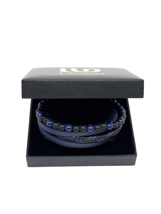 Blue Leather Bracelet made of Stainless Steel with Volcanic Stones