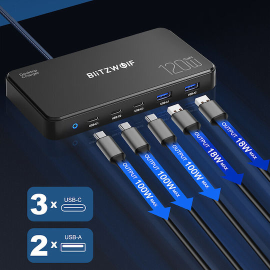 BlitzWolf Βάση Φόρτισης GaN με 2 Θύρες USB-A και 3 Θύρες USB-C 120W Power Delivery / Quick Charge 3.0 σε Μαύρο χρώμα (BW-i100)