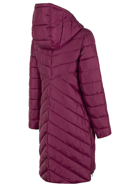 4F Women's Long Puffer Jacket for Winter with Hood Burgundy