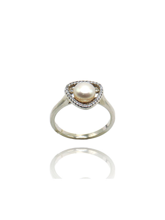 Women's Silver Ring , Pearl and Zircon, Triangle Design