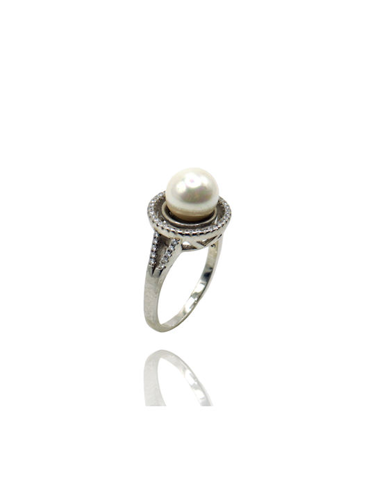 Women's Silver Ring , Pearl and Zircon, Circle