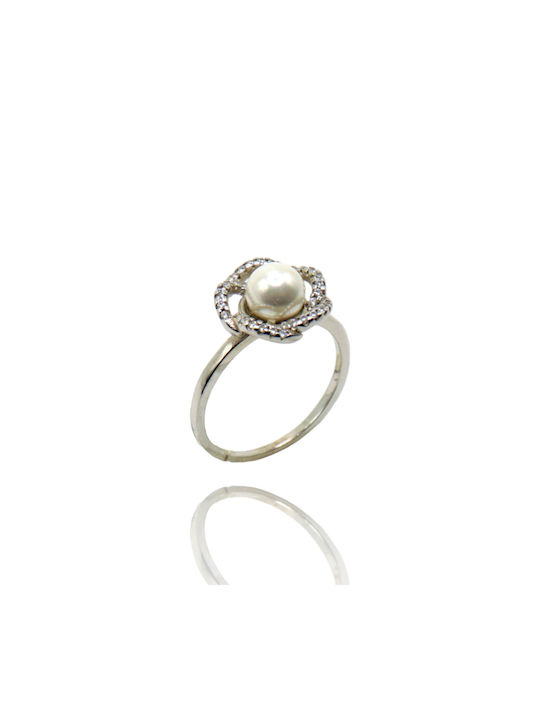 Women's Silver Ring , Pearl and Zircon, Flower Design