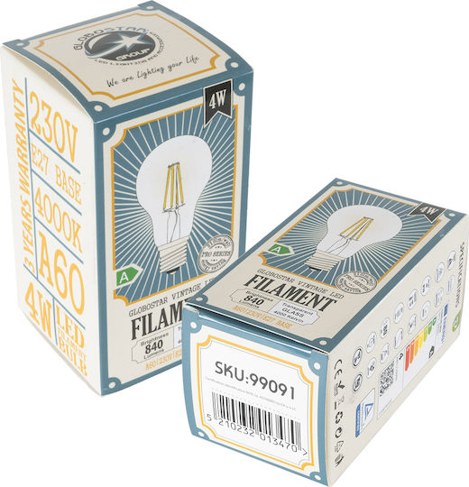 GloboStar Λάμπα LED 4W 110mm για Ντουί E27 και Σχήμα A60 Φυσικό Λευκό 840lm