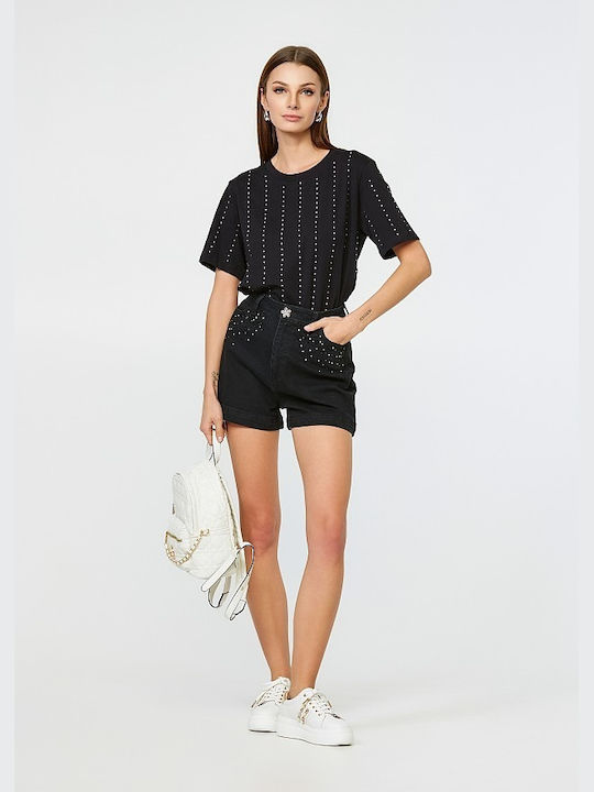Lynne Women's Blouse Cotton Short Sleeve Striped Black