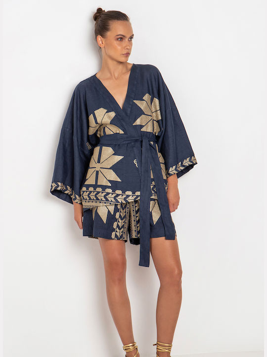 Greek Archaic Kori Bluza de Damă de Vară din In Mânecă lungă Navy Blue-gold